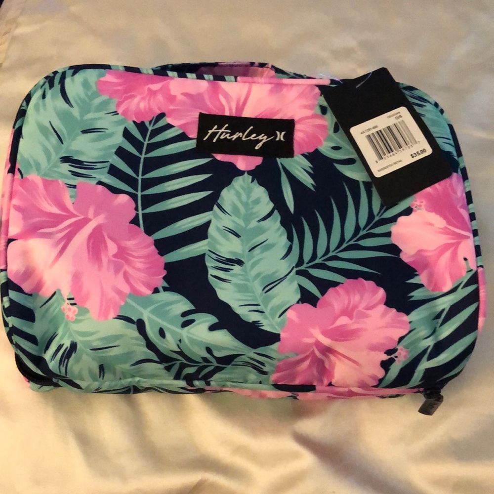Hurley 100% Polyester Obsidian & Tropical Flower Zip Around Cosmetic Bag OS NWT - Picture 1 of 16